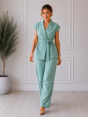 Moda Leyra Kadın Keten 2 Li Takım Çizgili Kumaş Gömlek Yaka Lastikli Pantolon Kuşak Kemerli Rahat Nefes