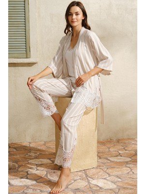 Anıl 5744 Kadın Dokuma Viskon Çizgili Dantelli Sabahlık  Pantolon Pijama 3'lü Takım