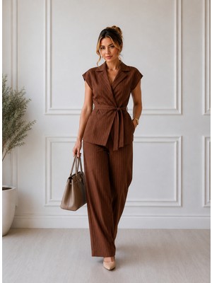 Moda Leyra Kadın Keten 2 Li Takım Çizgili Kumaş Gömlek Yaka Lastikli Pantolon Kuşak Kemerli Rahat Nefes