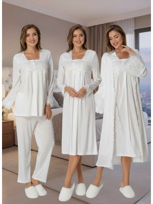 Lohussa Ekru Şık Dantel Kesimli Lohusa Hamile 4'lü Set
