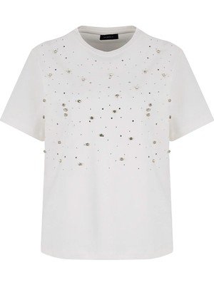 Fabrika Beyaz Kadın Bisiklet Yaka Loose Fit Taşlı T-Shirt F6WL-TST0040