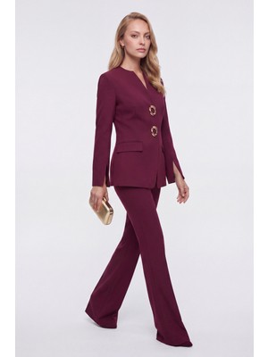Lafaba Kadın Bordo Kolları Yırtmaçlı Gold Düğmeli Ceket Pantolon Takım