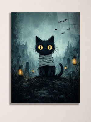 North Whiskers Mumya Kedi ve Mezarlık Baskılı Metal Tablo Halloween Wall Art Cadılar Bayramı Dekoru