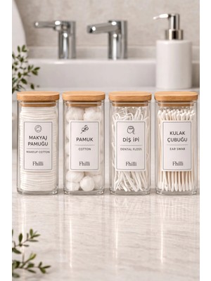 Fhilli Lora - 4'lü Kare Bambu Kapaklı Dekoratif Banyo Düzenleyici Plastik Organizer Set