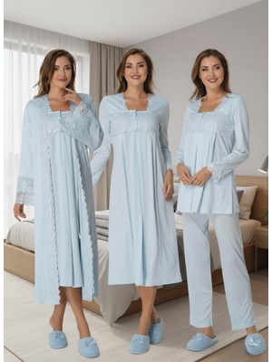 Lohussa Mavi Şık Dantel Kesimli Lohusa Hamile 4'lü Set