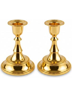Rasha Collection 2'li Gold Metal Şamdan Seti Boncuk Detaylı Tasarım