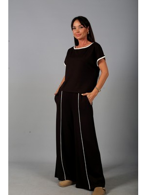 By Saygı Kadın Geniş Yaka Bluz Beli Lastikli Cepli Bol Paça Pantolon Biyeli Modal 2\'li Takım