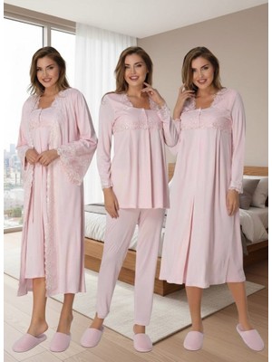 Lohussa Pembe Şık Dantel Kesimli Lohusa Hamile 4'lü Set