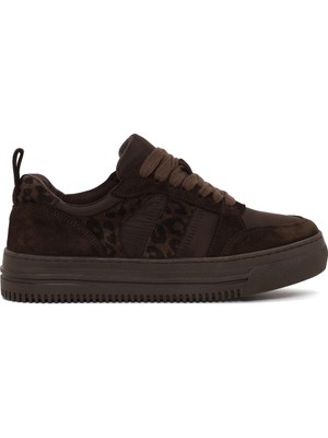 Derimod Kadın Kahverengi Bağcıklı Kalın Tabanlı Desenli Deri Sneaker AF160001DK