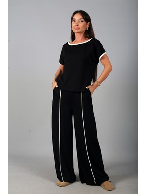 By Saygı Kadın Geniş Yaka Bluz Beli Lastikli Cepli Bol Paça Pantolon Biyeli Modal 2\'li Takım