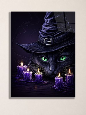 North Whiskers Cadı Kedi ve Mumlar Metal Tablo Halloween Wall Art