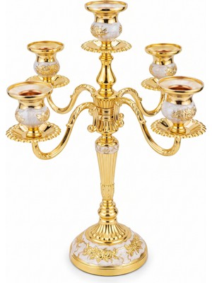 Rasha Collection 5 Kollu Altın Kaplama Işlemeli Dekoratif Şamdan 37 cm