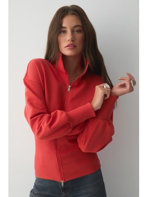 Ethiquet Vıvaldı Kadın Organik Pamuklu Beli Korseli Fermuarlı Kırmızı Sweatshirt