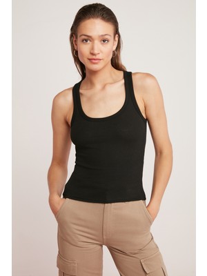 Ethiquet Lıllesol Kadın Fitilli Görünümlü Slim Fit Vücuda Oturan Havuz Yakalı Pamuklu Basic Siyah Atlet
