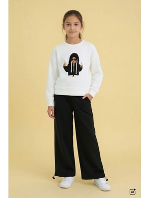 Cansın Mini Siyah Kız Çocuk Hoodie Detaylı Sweatshirt Geniş Paça Eşofman Takımı 24779