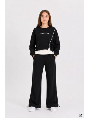 Cansın Mini Siyah Kız Çocuk Garnili Sweatshirt Lastikli Paça Eşofmanlı 2li Alt Üst Takım 24766