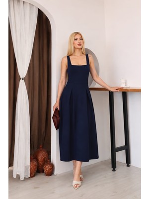 Moda Leyra Kadın Kare Yaka Midi Kolsuz Pileli Şık Yazlık Elbise Terletmez Modal Kumaş