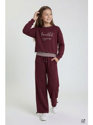 Cansın Mini Bordo Kız Çocuk Çizgili Croplu Sweatshirt 3lü Geniş Paça Eşofman Takımı 24778