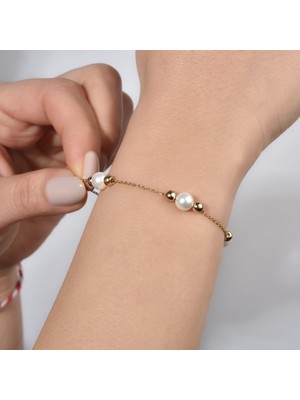 Nox Jewelry 14 Ayar Altın Kaplama Doğal Tatlı Su İncili Gümüş Bileklik- CBP00159