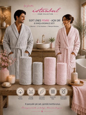 İyi Geceler İstanbul Iyi Geceler Istanbul Soft Linen Aile Bornoz Seti Pembe-Açık Gri