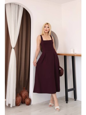 Moda Leyra Kadın Kare Yaka Midi Kolsuz Pileli Şık Yazlık Elbise Terletmez Modal Kumaş