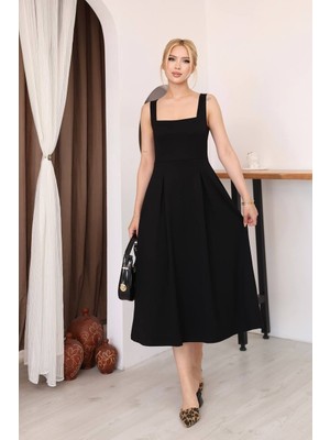 Moda Leyra Kadın Kare Yaka Midi Kolsuz Pileli Şık Yazlık Elbise Terletmez Modal Kumaş