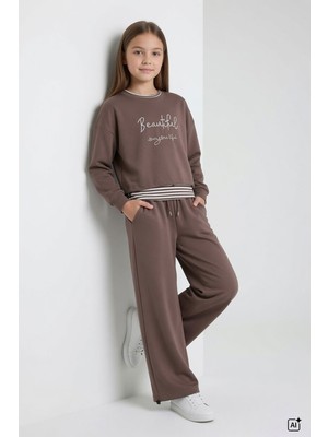 Cansın Mini Kahverengi Kız Çocuk Çizgili Croplu Sweatshirt 3lü Geniş Paça Eşofman Takımı 24777