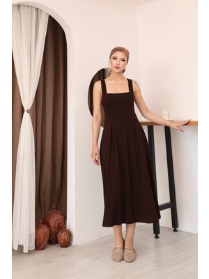 Moda Leyra Kadın Kare Yaka Midi Kolsuz Pileli Şık Yazlık Elbise Terletmez Modal Kumaş