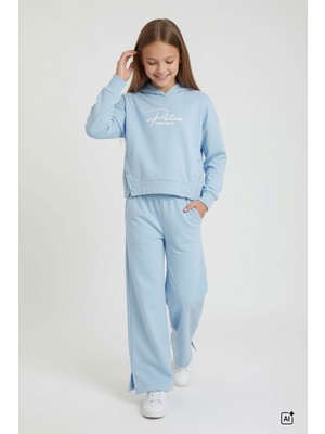 Cansın Mini Mavi Kız Çocuk Çıtçıt Detaylı Kabartmalı Sweatshirt Geniş Paça 2li Eşofman Takımı 24763