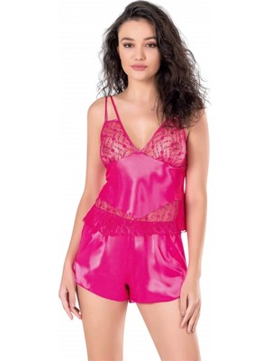 Hace Bazaar Fuşya Saten Babydoll Şort Takımı