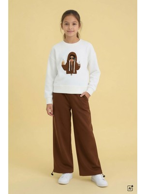 Cansın Mini Kahve Kız Çocuk Hoodie Detaylı Sweatshirt Geniş Paça Eşofman Takımı 24782