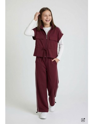 Cansın Mini Bordo Kız Çocuk Fermuarlı Sıfır Kol Yelekli Geniş Paça Alt 3lü Badili Takım  24774