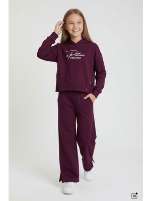 Cansın Mini Bordo Kız Çocuk Çıtçıt Detaylı Kabartmalı Sweatshirt Geniş Paça 2li Eşofman Takımı 24765