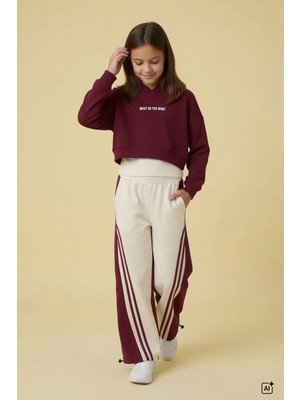 Cansın Mini Bordo Kız Çocuk Askılı Croplu Kapüşonlu Geniş Paça Şeritli 3lü Eşofman Takımı 24761
