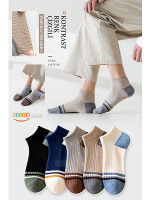 Color Socks 5 Çift Kontrast Çizgili Erkek Patik Çorap (Extra Soft)