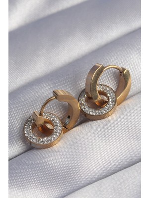 Trend Kapında 316L Çelik Gold Renk Zirkon Taşlı Iç Içe Geçmeli Oval Küpe
