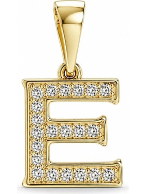Zeino E Harfi Zirkon Taşlı Minimal Kolye Ucu  - 14K Altın Kaplama - 9 x 16 mm
