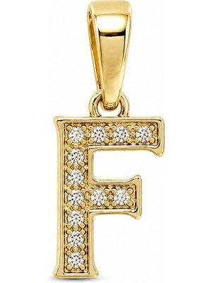 Zeino F Harfi Zirkon Taşlı Minimal Kolye Ucu  - 14K Altın Kaplama - 7 x 16 mm