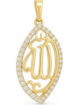 Zeino Zirkon Taşlı Allah Yazılı Kolye Ucu  - 14K Altın Kaplama - 13 x 31 mm