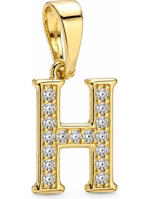 Zeino H Harfi Zirkon Taşlı Minimal Kolye Ucu  - 14K Altın Kaplama - 6 x 17 mm