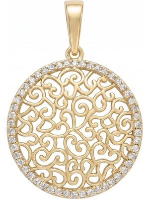 Zeino Otantik Desenli Zirkon Taşlı Kolye Ucu  - 14K Altın Kaplama - 20 x 28 mm