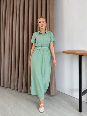 Moda Leyra Kadın Kemerli Gömlek Yaka Midi Elbise Kısa Kollu Poplin Terletmez Kumaş