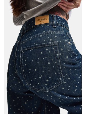 It's Basic Kadın Koyu Mavi Puantiye P-1W6-11 Palazzo Fit Özel Tsarım Denim Jean