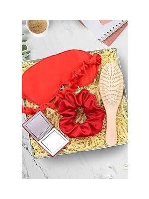 Renas Store Saten Uyku Bandı & Saten Toka & Ahşap Tarak & Kırmızı El Aynası Hediye Seti