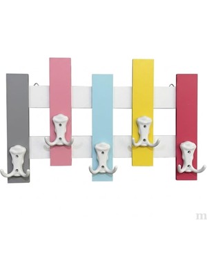 Renas Store Renkli Ahşap Duvar Askılığı, 5 Çift Kancalı, 45X25 Cm, Gri, Pembe, Mavi, Sarı, Kırmızı