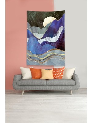 Renas Store Pelangi Mavi Ay Tutulması Leke Tutmaz Kadife Kumaş Duvar Örtüsü Duvar Halısı Tapestry DWLL325, 140 x 140
