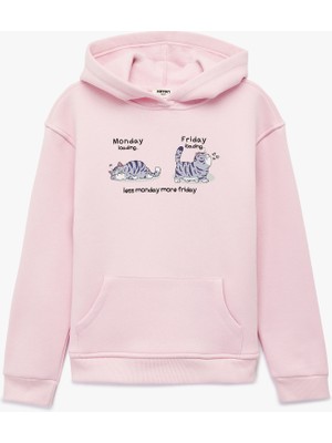 Koton Kedi Baskılı Şardonlu Cep Detaylı Uzun Kollu Kapşonlu Sweatshirt