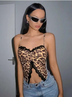 Hace Bazaar Kadın Leopar Desenli Crop Önden Dantel Detaylı 5095