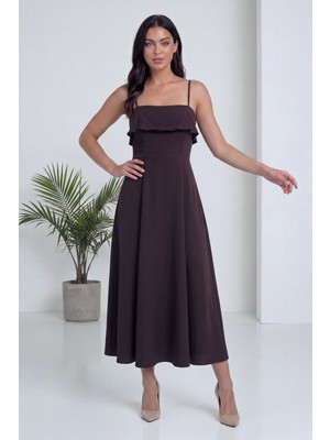ZKS Grup Tekstil Kadın Askılı Kloş Midi Elbise Siyah, Bordo, Kahverengi