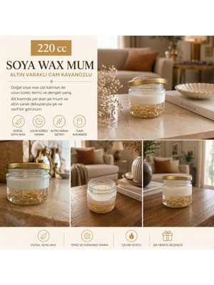 Empressco Premium 220 cc Soya Wax Mum - Altın Varaklı Jel Mum - Cam Kavanoz | Ev Dekorasyon & Hediye